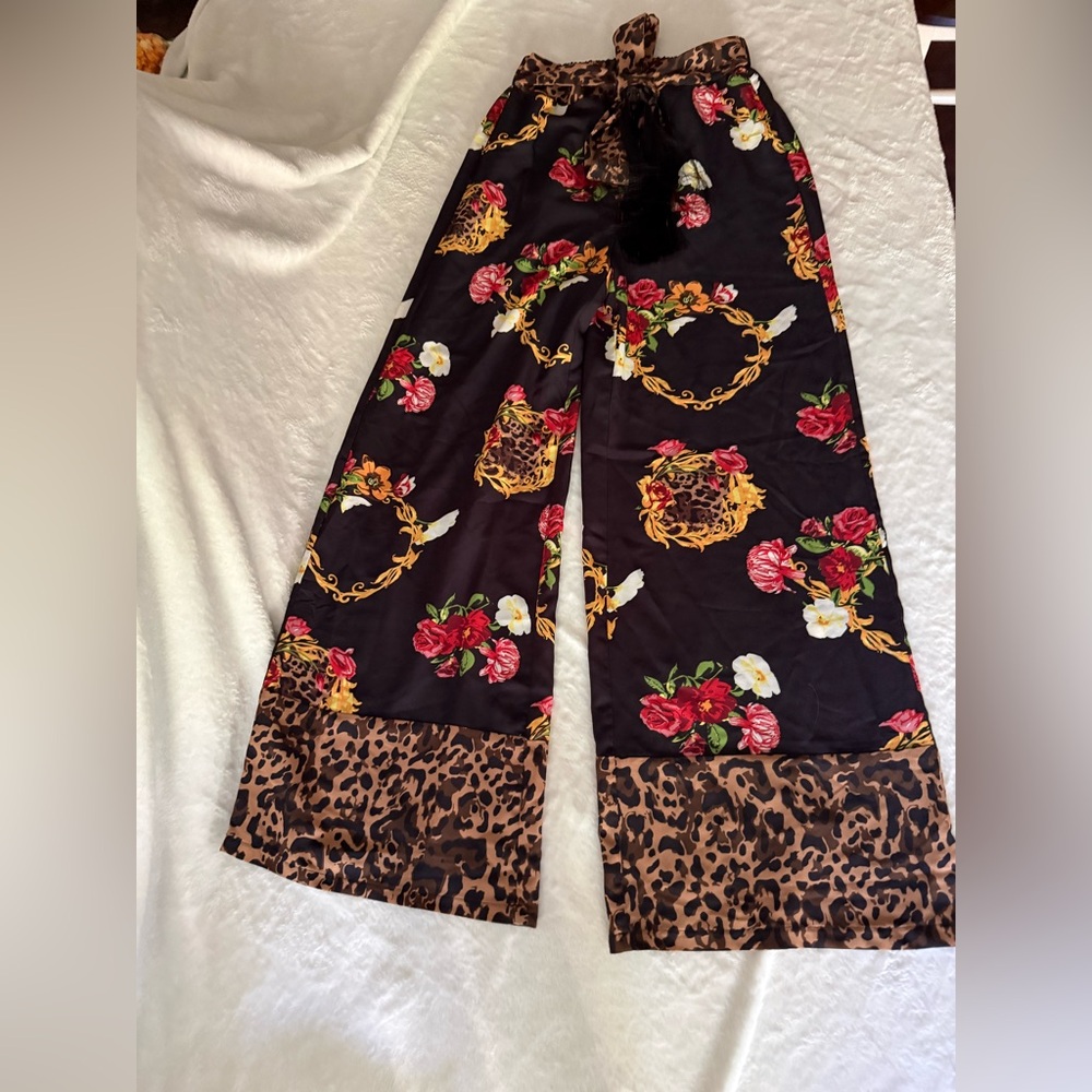 Venus Multi Pattern Floral Animal Print Border Tassel Tie Wide Leg Pants XS